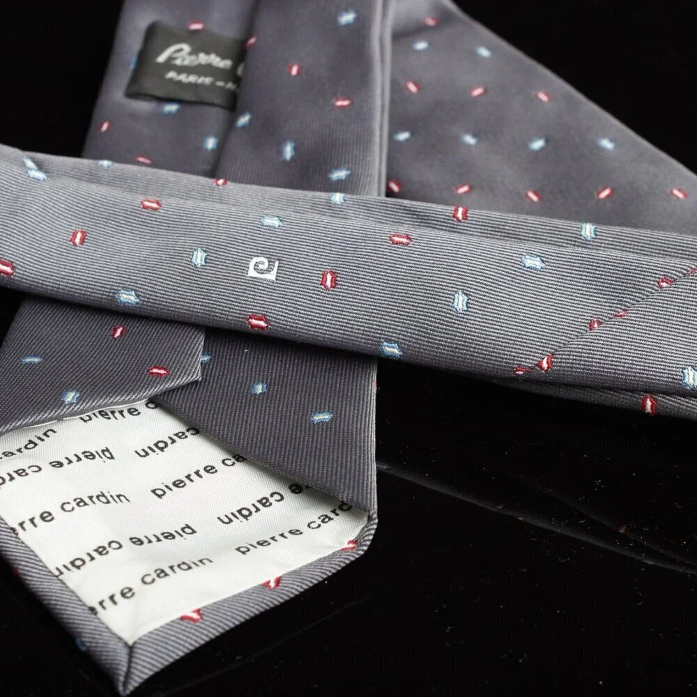 Vintage Pierre Cardin Mens Tie Gray With Red & Blue Abstract Pattern